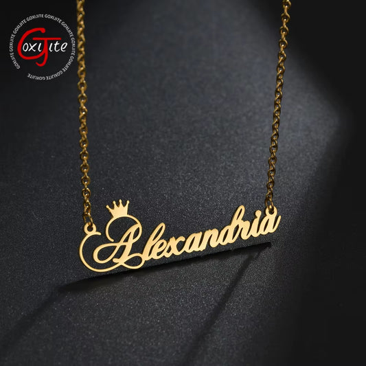 Goxijite Trendy Name Necklace for Women Stainless Steel Cursive Font Crown Initial Name Pendant Necklaces Jewelry Gift