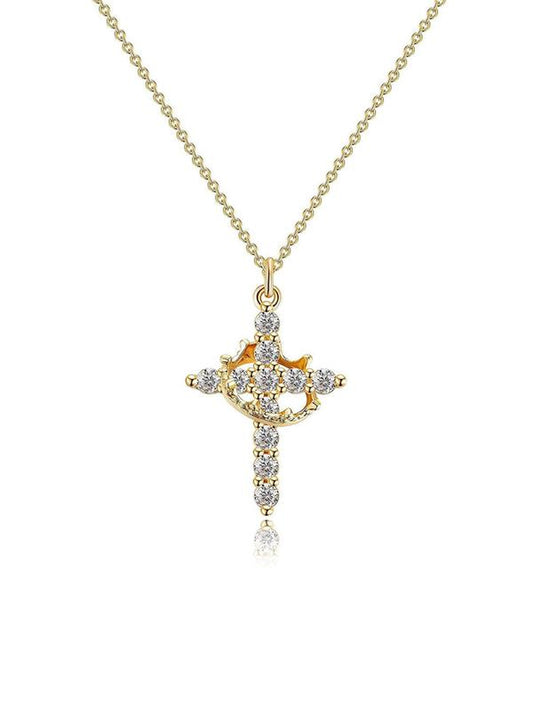 Rhinestone Crown & Cross Pendant Necklace for Women & Men, Fashion Jewelry for Party, Daily Clothing Decor, Trendy All-Match & Exquisite Jewelry for Birthday Gift, Fall Outfits, Fall Freshness