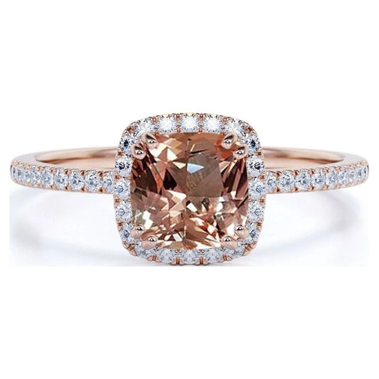 1.75 Carat Cushion Cut Created Morganite Halo Engagement Ring in 18K Rose Gold over Silver