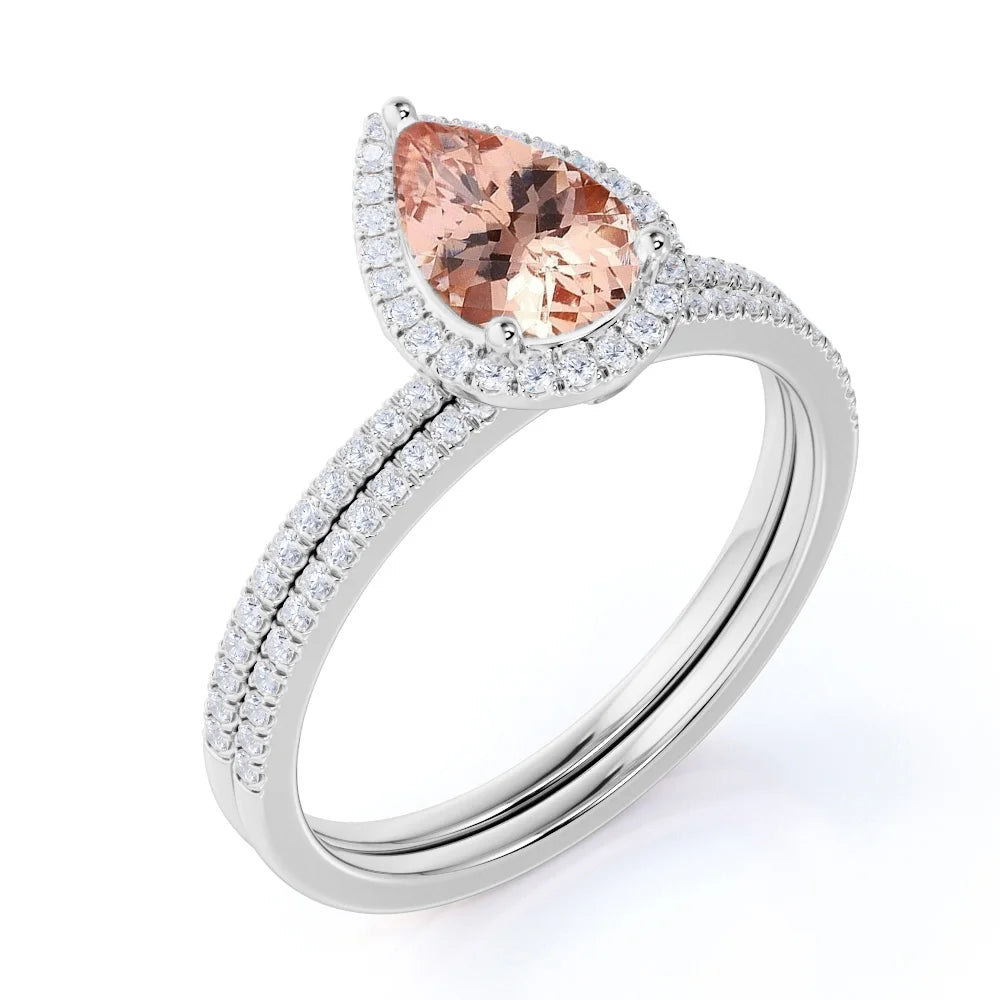 1.25 Carat Pear Cut Lab Created Morganite and Moissanite Bridal Wedding Ring Set with Engagement Ring and Wedding Band in 18K Gold over Silver