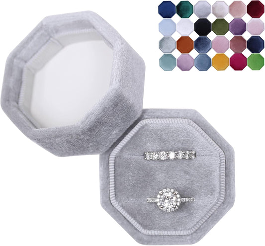 Velvet 2 Slots Jewelry Ring Box Engagement Wedding Box Keepsake Box Bridal Photo Ring Double Slots Octagon (Grey)