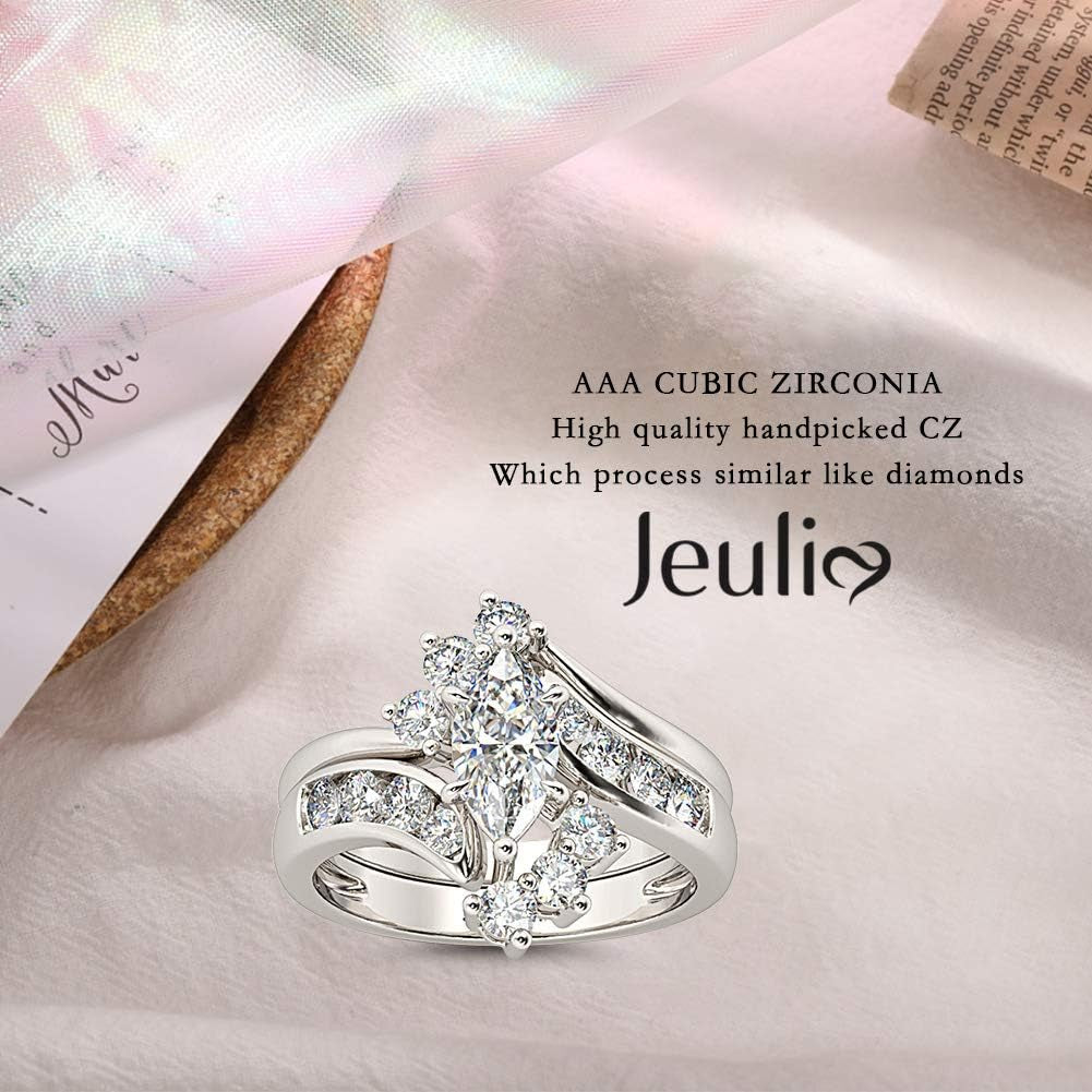 Marquise Cut Wedding Set Sterling Silver Bypass Rings with Cubic Zirconia White Diamond Solitaire Engagement Rings Promise Anniversary with Gift Box